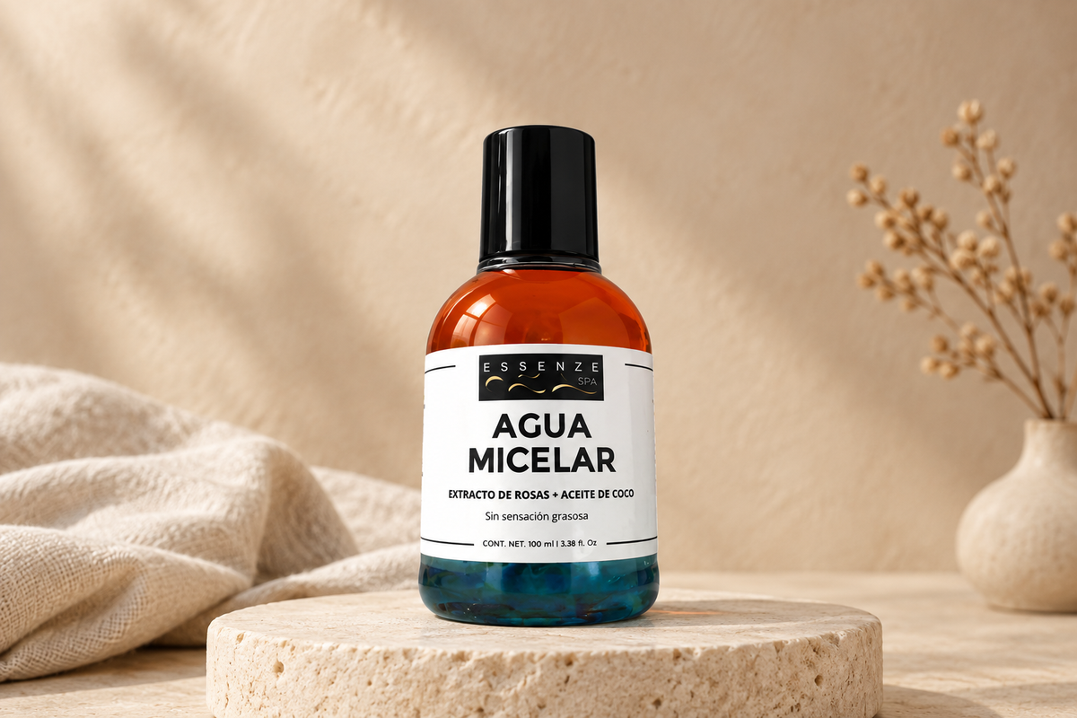 Agua Micelar con fondo boho minimalista