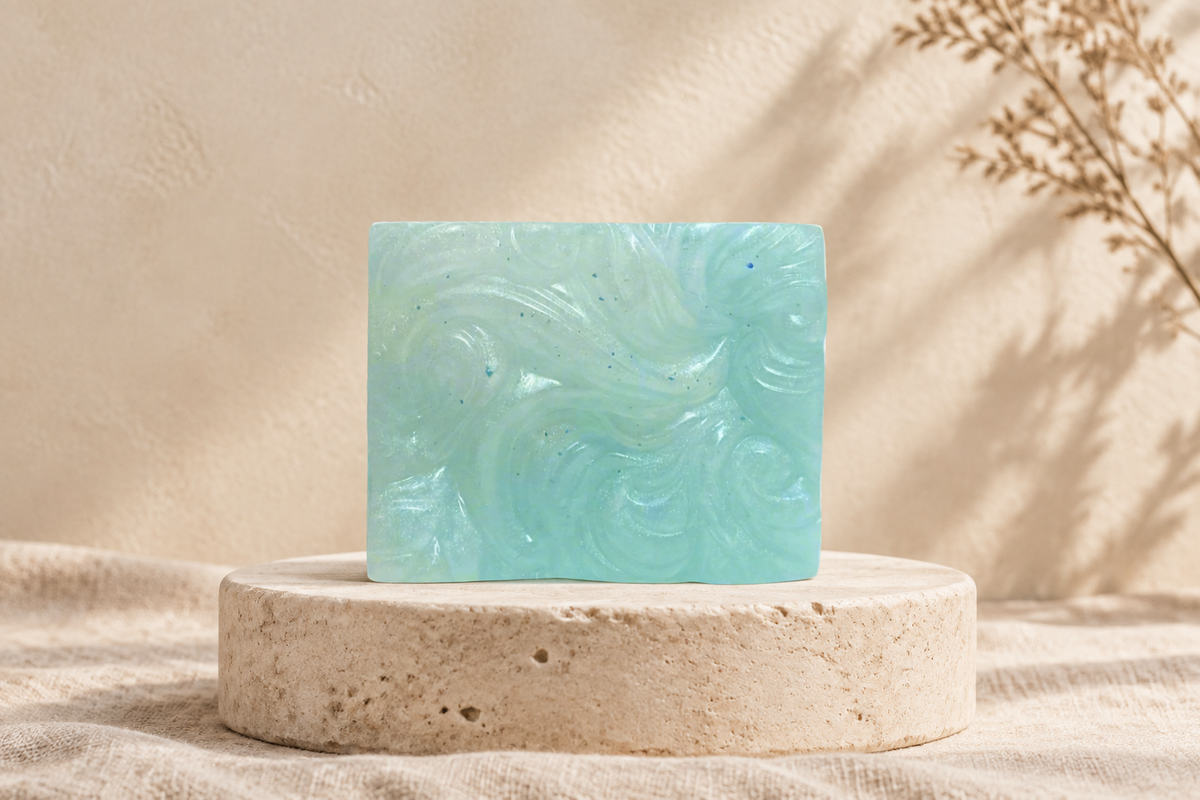 Jabón verde con fondo boho minimalista