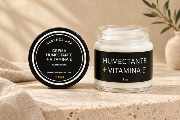 Crema hidratante con tapa sobre fondo boho
