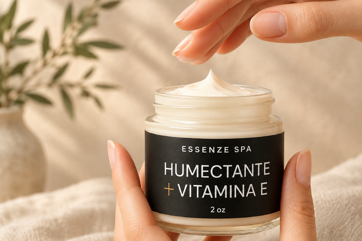 Crema hidratante sostenida en las manos sobre fondo boho