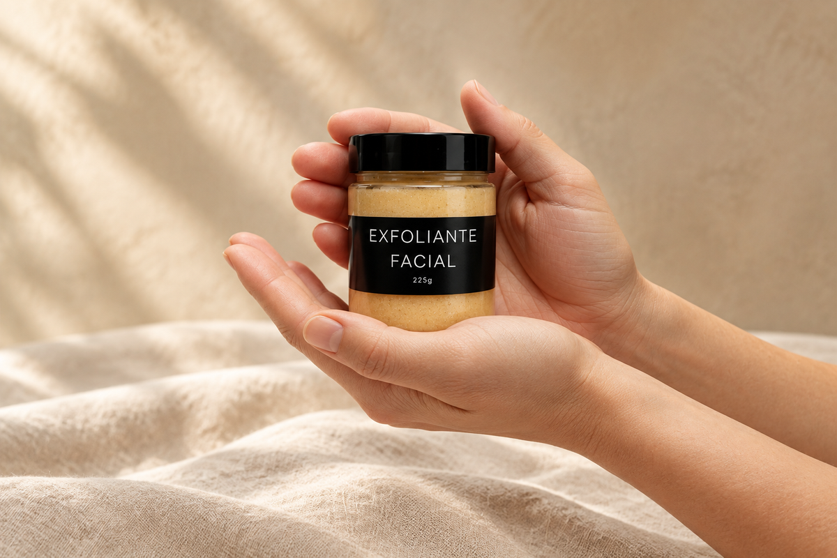 Exfoliante facial sostenido en las manos, fondo boho