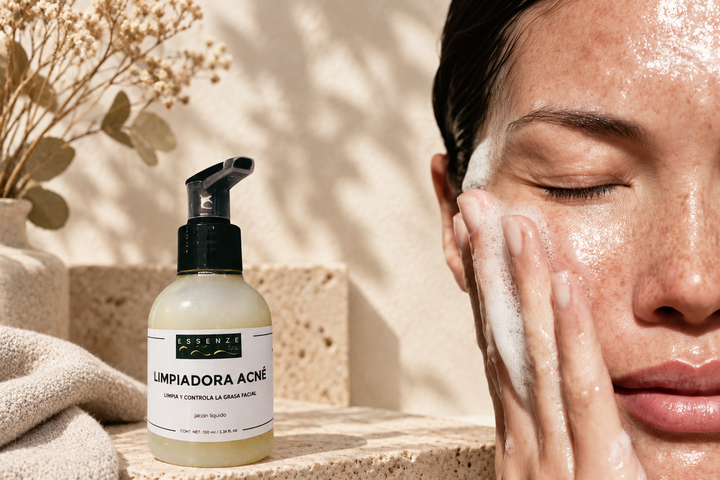 Limpiadora facial con modelo en ambiente boho minimalista