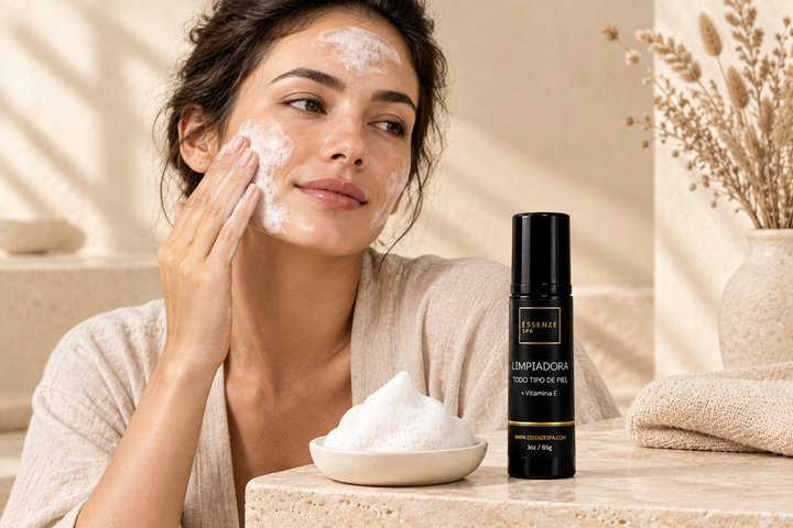Modelo aplicándose la limpiadora facial en espuma