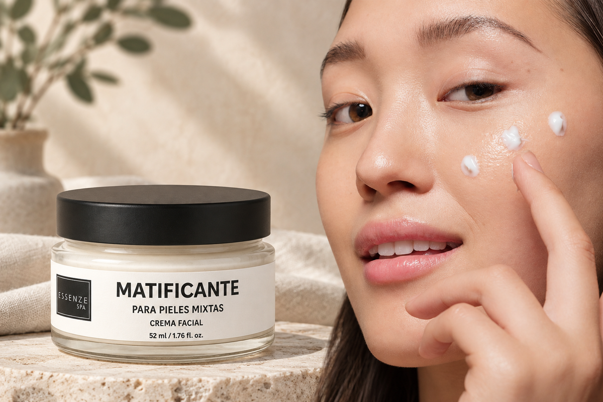 Modelo y crema matificante en fondo boho