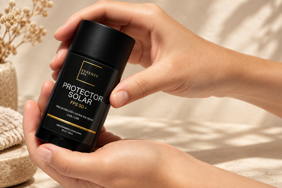 Protector solar con modelo y fondo boho