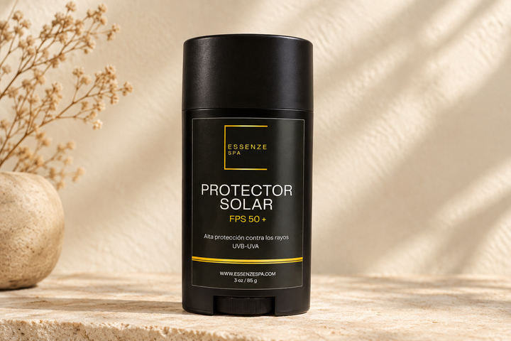 Protector solar sobre fondo boho minimalista
