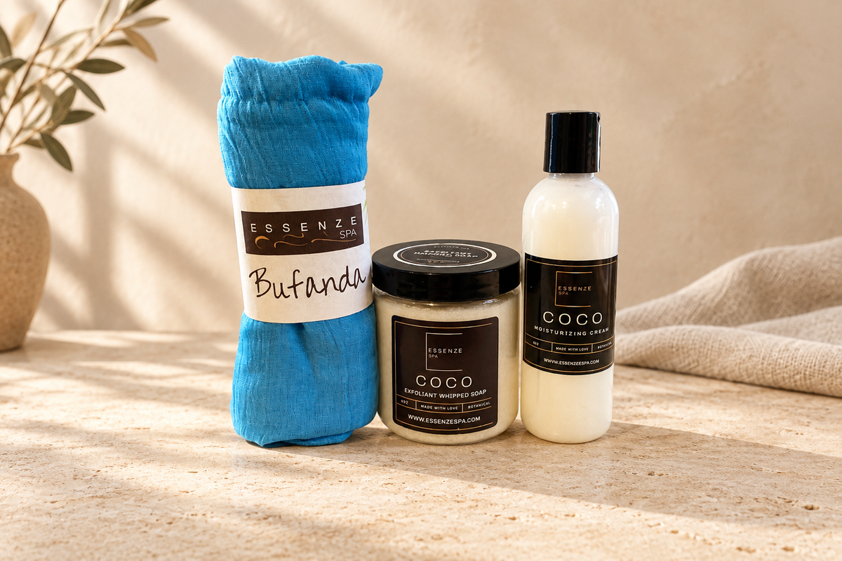 Set de coco con bufanda azul