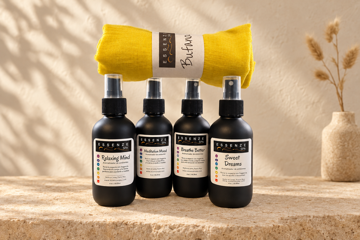 Set de sprays y bufanda, estilo boho con luz natural