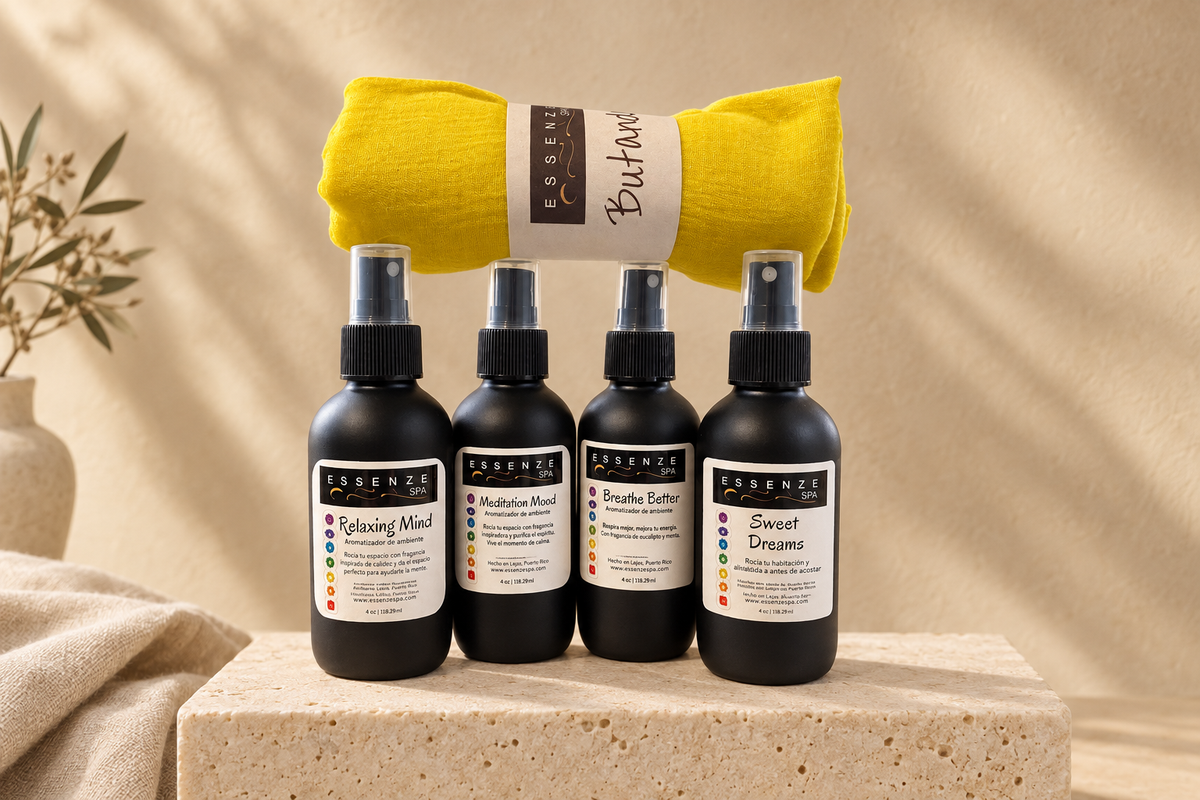 Set de sprays y bufanda, fondo boho claro