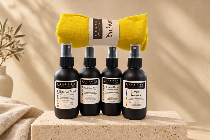 Set de sprays y bufanda, fondo boho claro